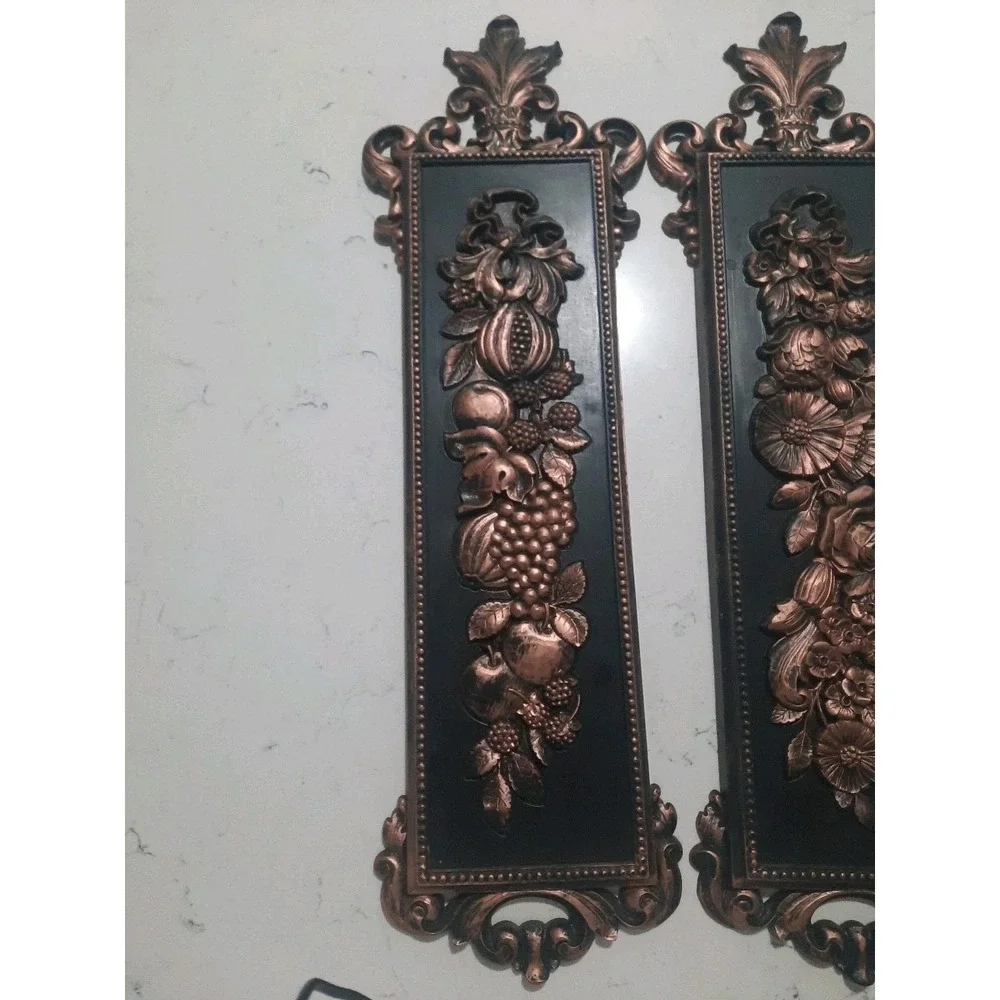 Syroco Wall Plaques Vintage 1970 MCM 2 Black - Bronze Flowers & Fruits 7221 7222